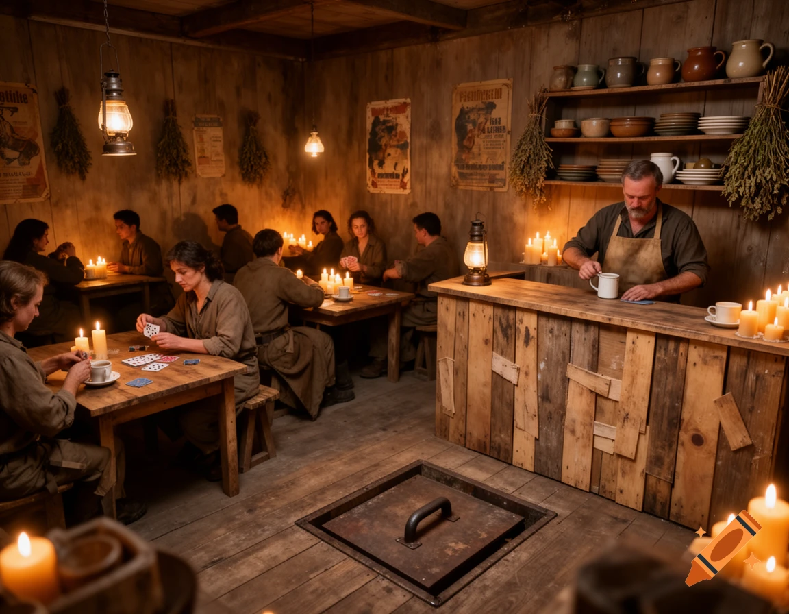 A rustic, candlelit wooden cafe in a post-apocalyptic settlement with people in simple clothes drinking tea, playing cards, and a bartender wiping a mug.