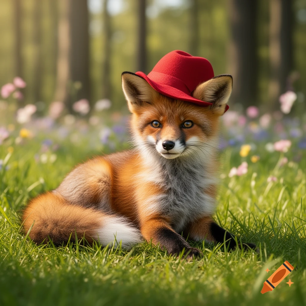 A photorealistic red fox with a red hat lies in a green field with blurred flowers and trees.