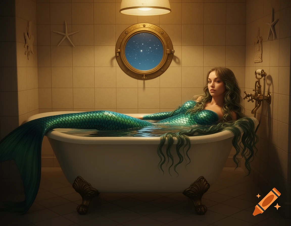 Photorealistic image of a mermaid with green scales and long hair relaxing in a white bathtub in a dim bathroom with a porthole.