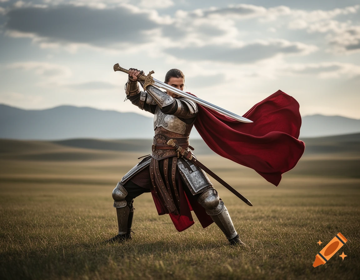 A photorealistic image of a knight in armor wielding a sword in a grassy field under a cloudy sky.