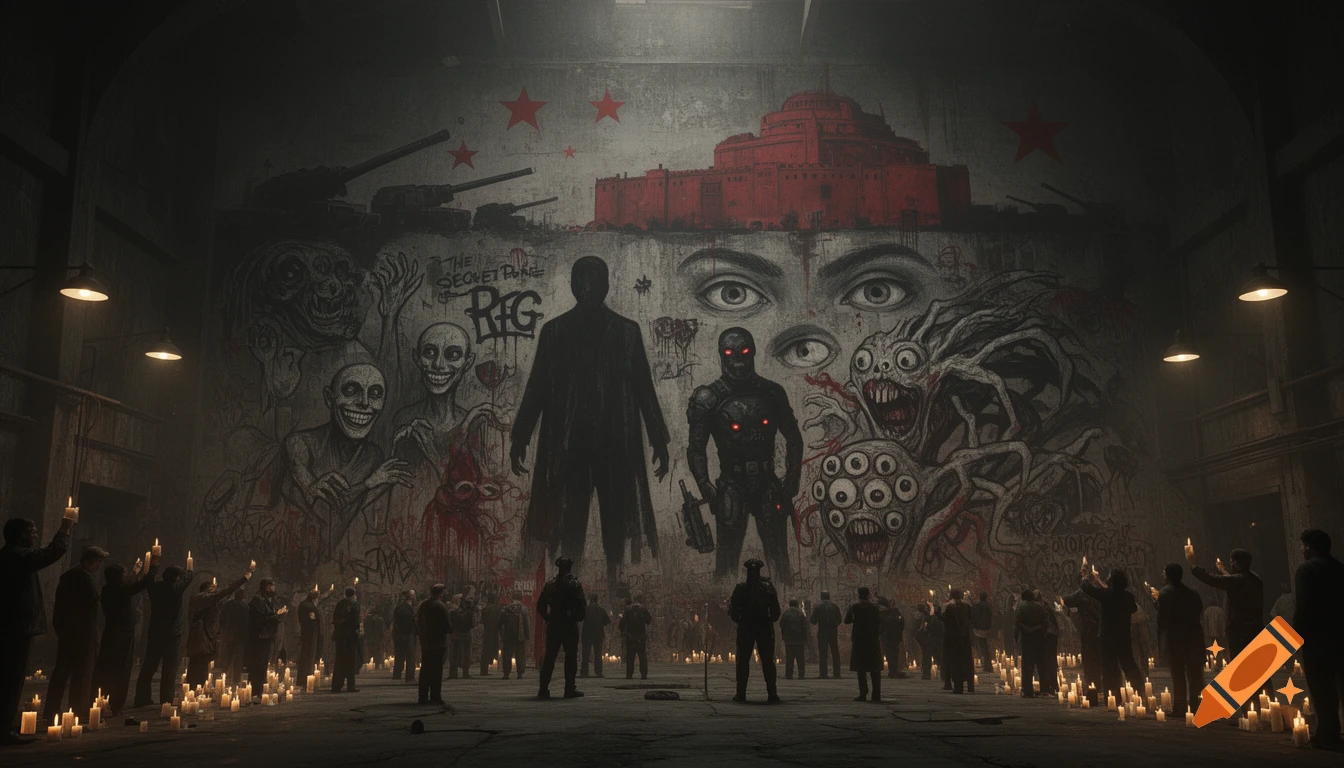 A dark, atmospheric image of a crowd of people holding candles, facing a massive concrete wall covered in a dystopian, horror-themed mural. The mural depicts menacing figures, grotesque monsters, a red fortress, and propaganda text in a grim, industrial setting.