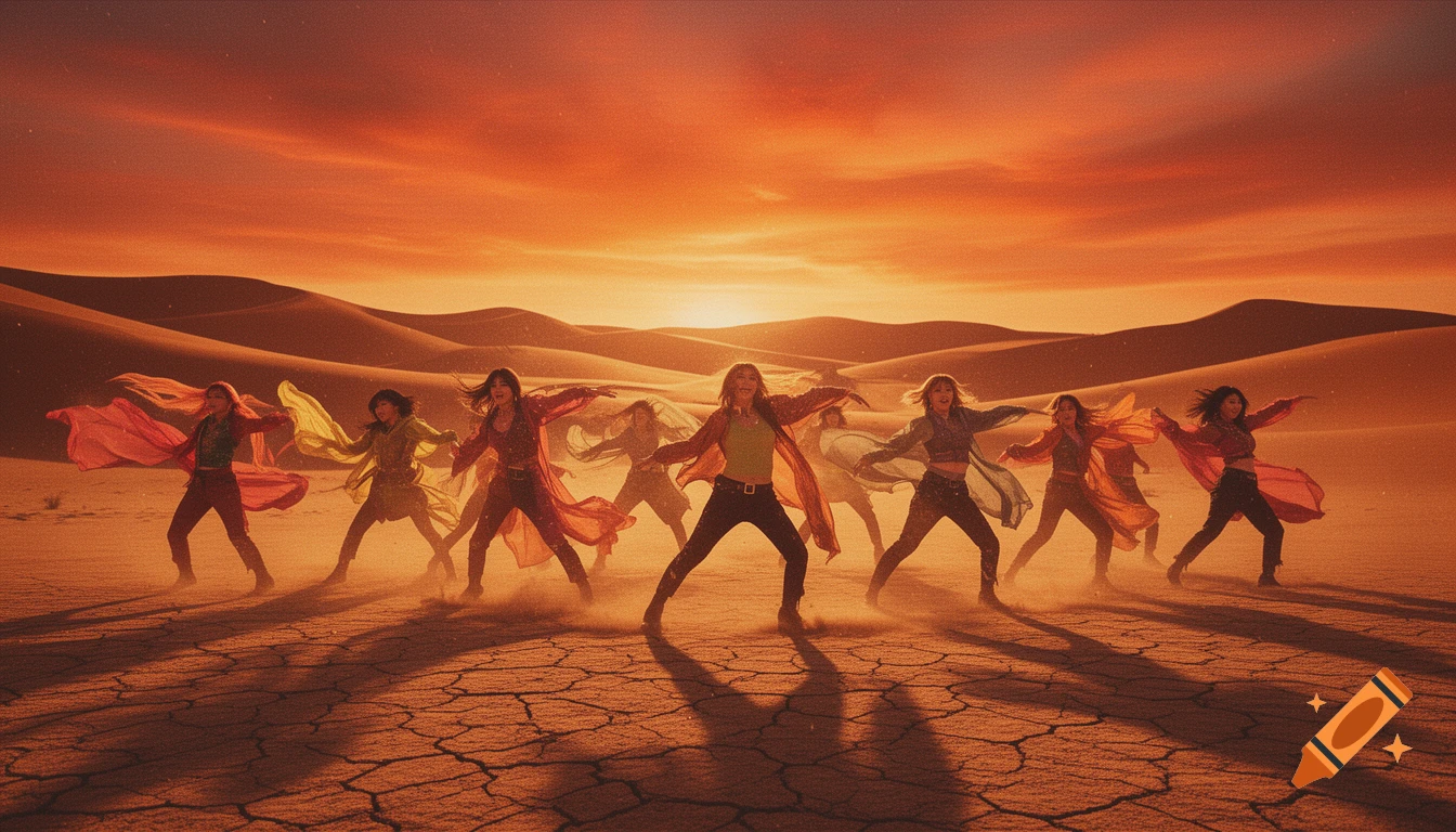 A group of performers dances in a vast desert at sunset, with wind blowing their clothes and hair against an orange-red sky and sand dunes. Cinematic style.