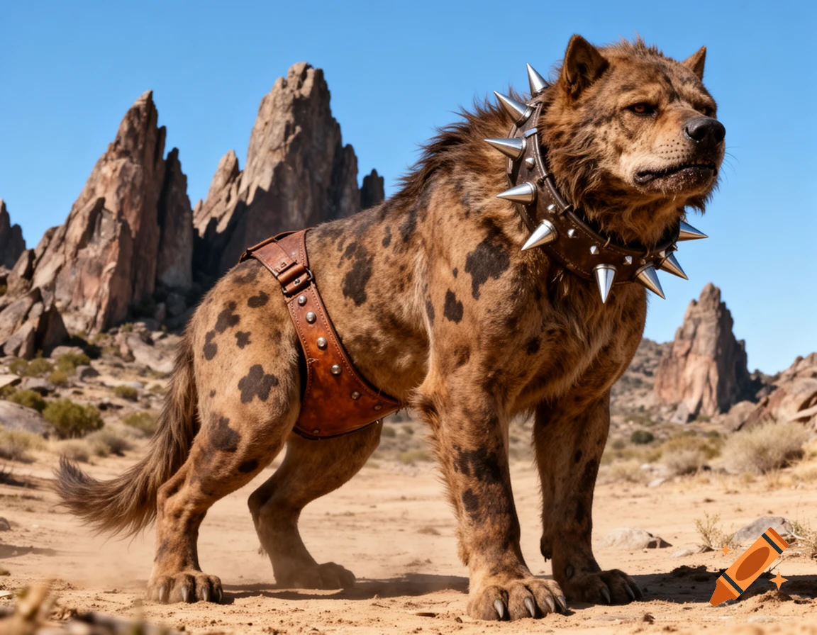 A fierce, warg-like creature with a spiked collar and leather harness stands in a rocky desert under a clear blue sky.