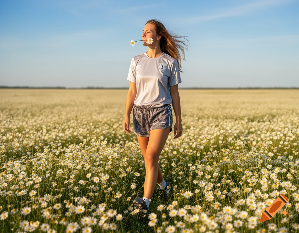 A woman in athletic shorts and a t-shirt walks through a vast field of daisies, holding a white flower in her mouth, under a clear sky.