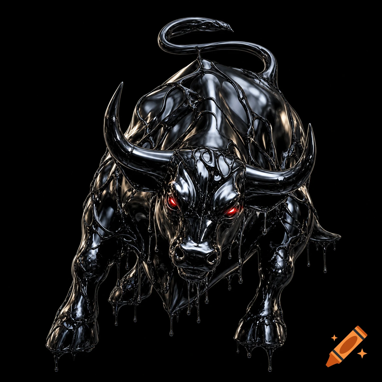 A striking 3D render of a black metallic bull, appearing 'venomized' with dripping tendrils and glowing red eyes, against a dark background.
