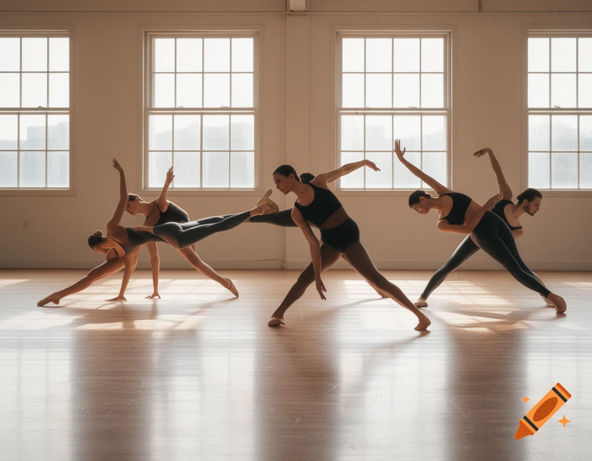 Multiple female dancers in black athletic wear perform various ballet-like poses in a sunlit dance studio with large windows.