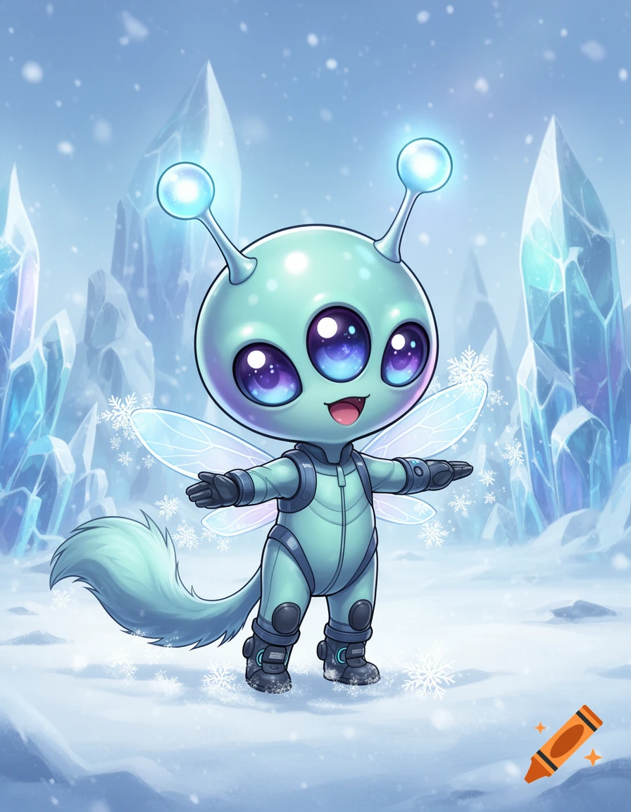Cute chibi alien with three eyes, glowing antennae, wings, and a fluffy tail, wearing a winter suit in a snowy ice world.