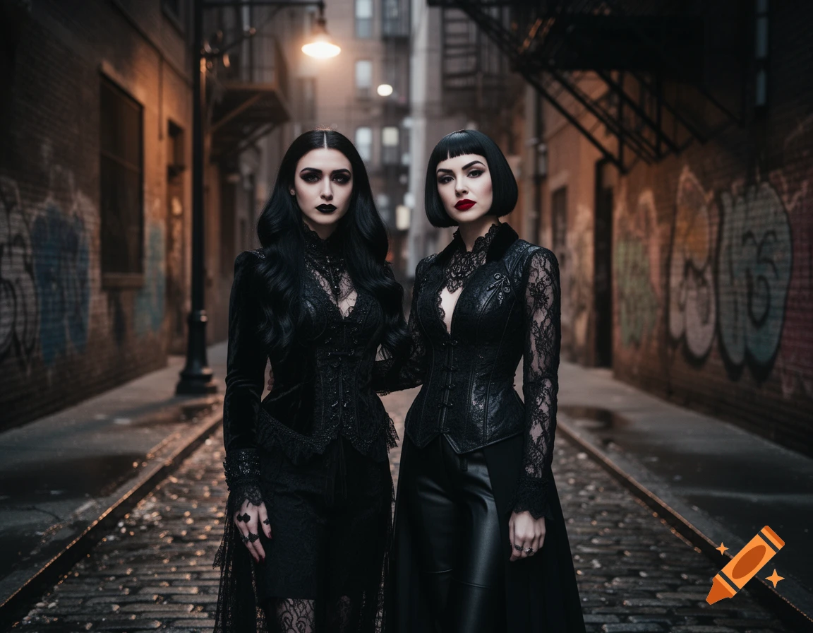 Two gothic women in ornate black clothing stand in a dark, graffiti-covered urban alley at night.