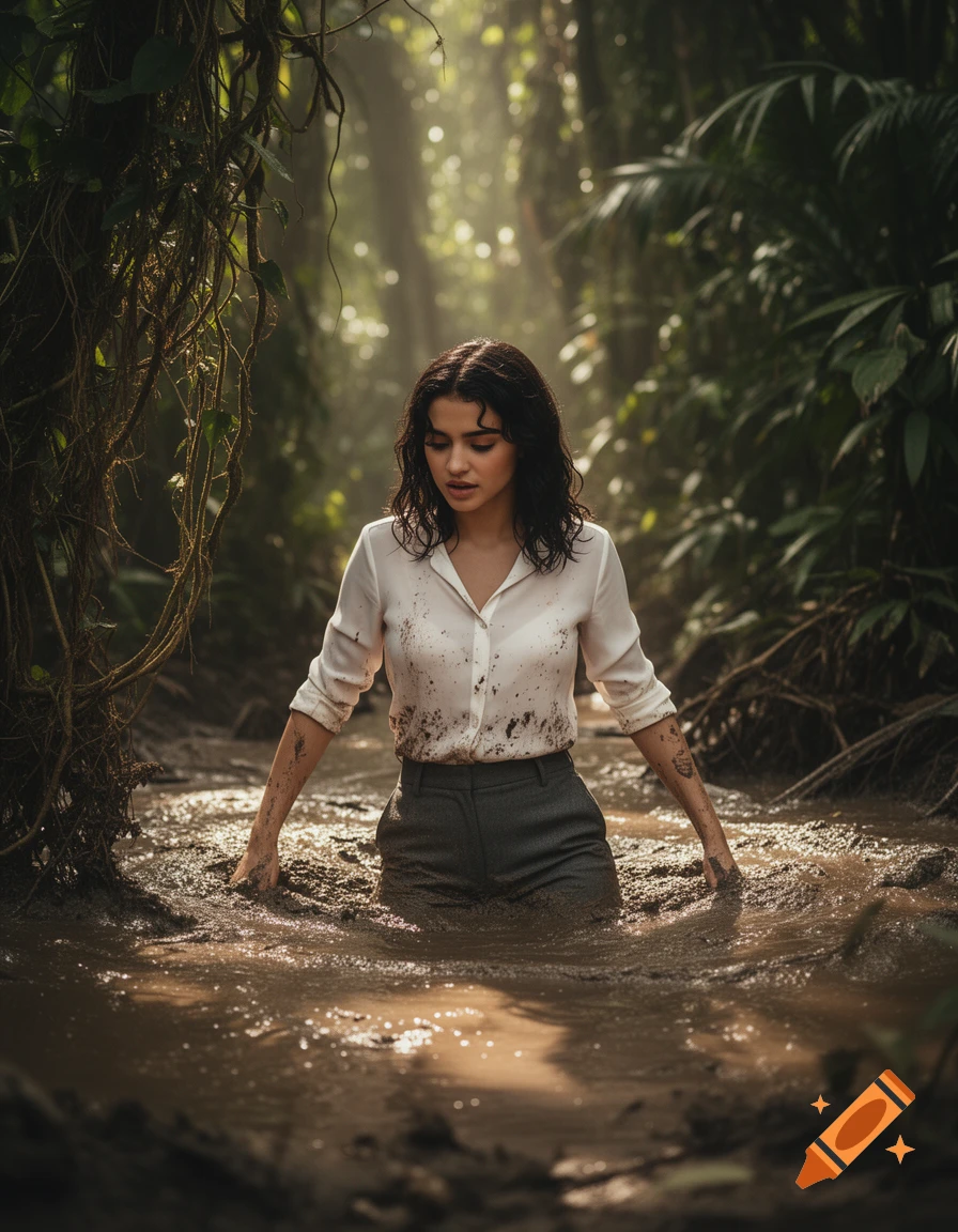 A woman in a white shirt and grey pants stands waist-deep in a muddy jungle swamp, looking down in a photorealistic style.