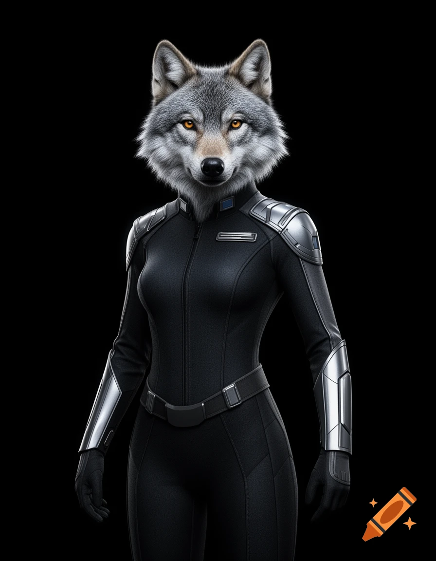 A photorealistic anthropomorphic wolf in a black sci-fi commander uniform stands against a black background, with orange eyes.