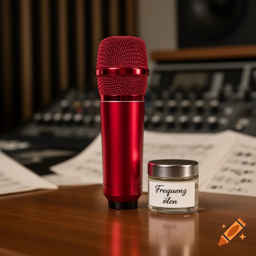 A red microphone stands next to a small glass jar labeled 'Frequenz ölen' on a wooden table in a studio setting.