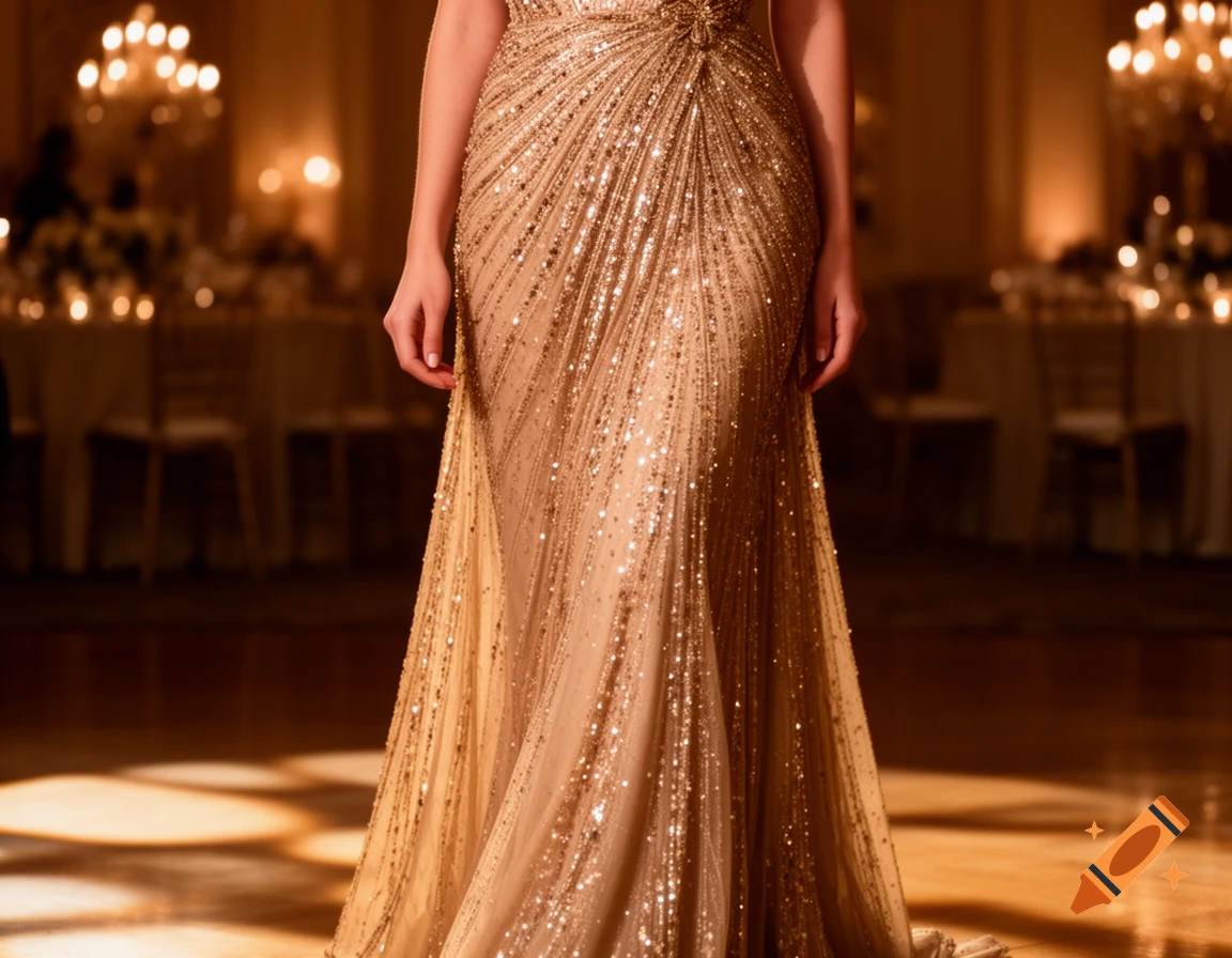 Close-up of a person wearing a champagne-gold glittering evening dress in a formal ballroom setting.