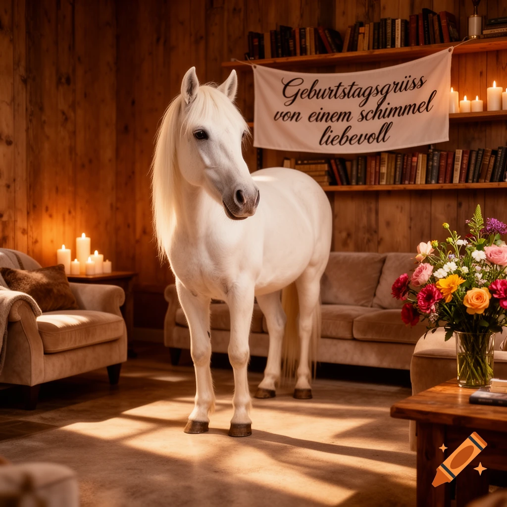 A photorealistic white horse stands in a cozy, candlelit room with a "Birthday Greetings" banner and a bouquet of flowers.