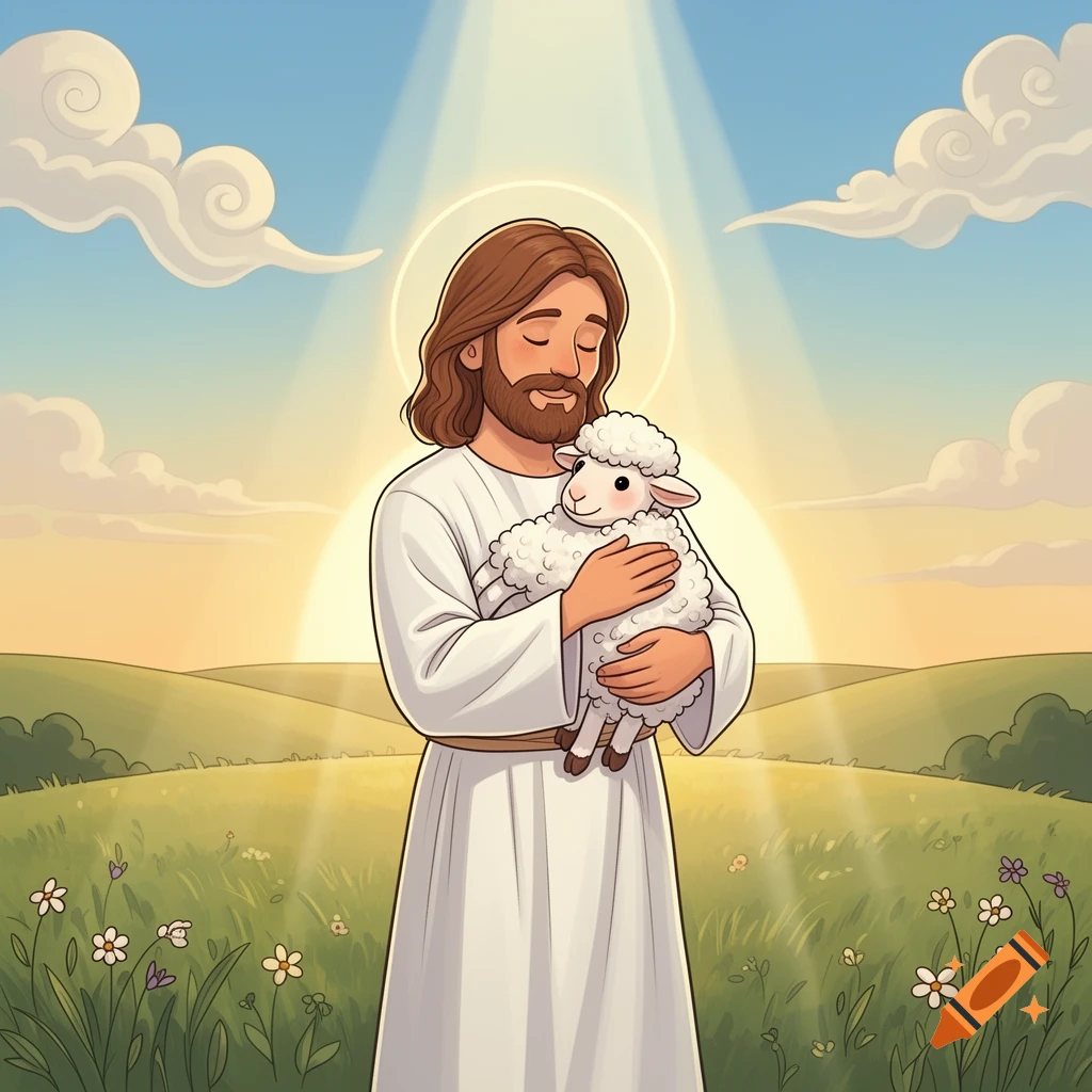 Cartoon illustration of Jesus Christ with a halo, holding a small lamb in a sunny field under a blue sky.