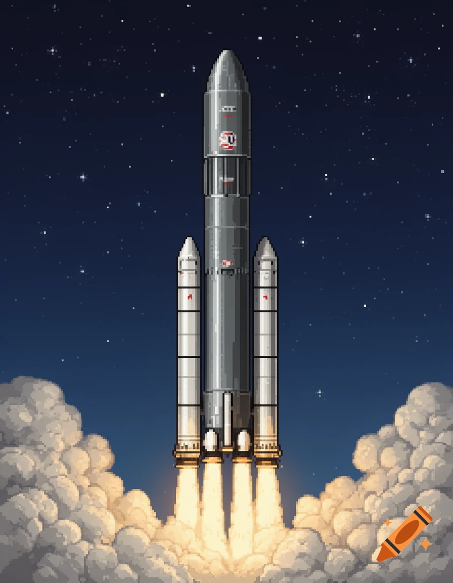 A pixel art style rocket launches into a starry night sky, with fiery exhaust and billowing white smoke.
