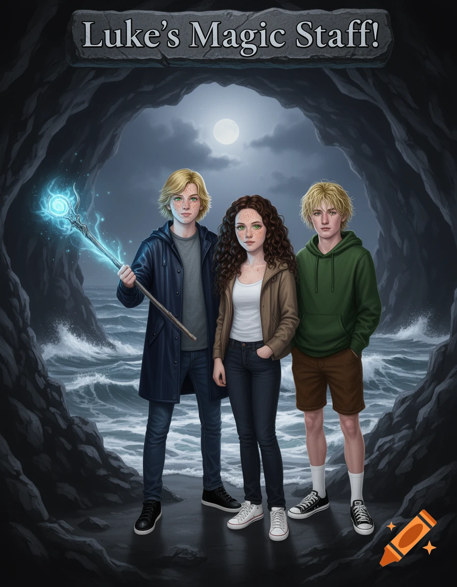 Illustration of three young people in a dark cave entrance, one with a glowing staff, overlooking a stormy ocean at night under a full moon. Text 'Luke's Magic Staff!'.