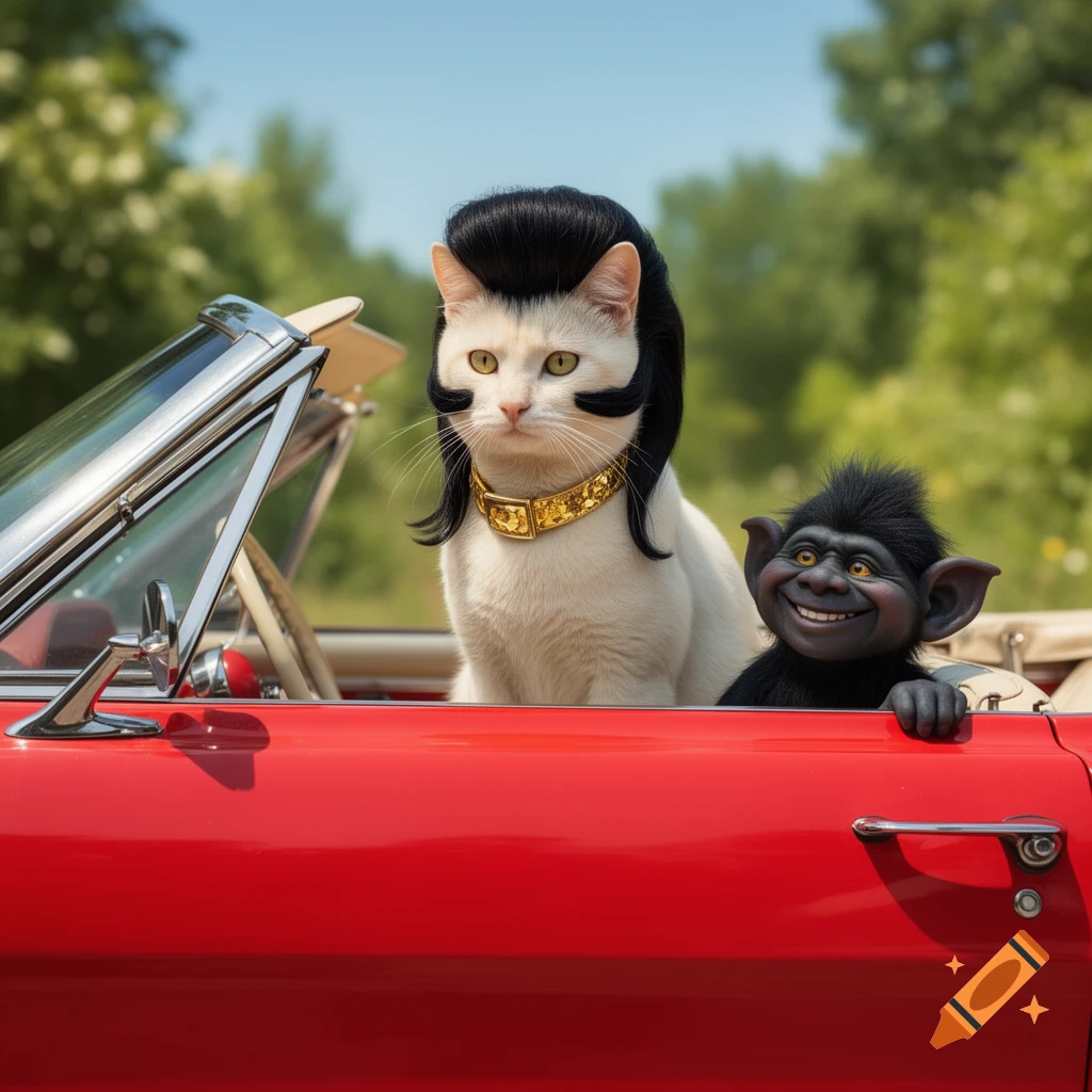 White cat in an Elvis wig and a black troll-like creature riding in a red convertible car.
