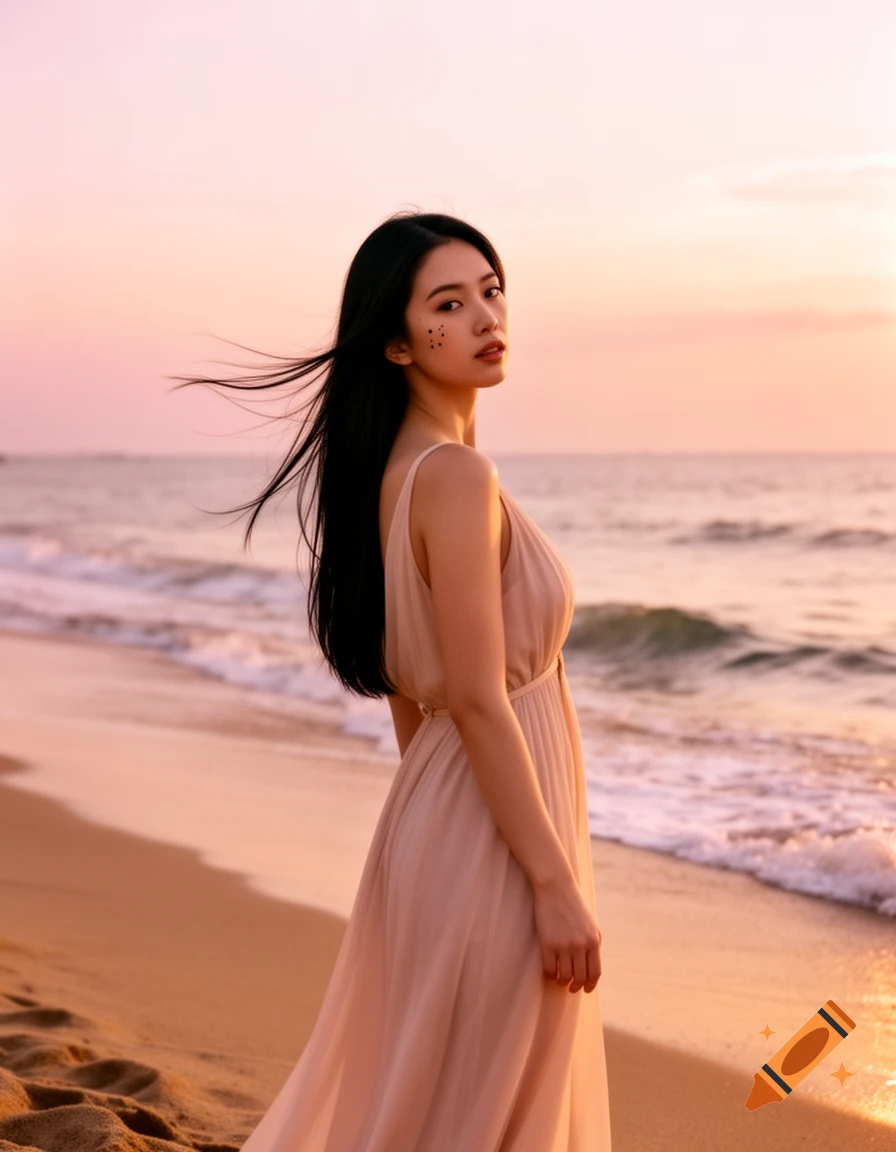 Young woman in a flowing dress stands on a sandy beach looking back at the viewer, with a pink and orange sunset over the ocean.