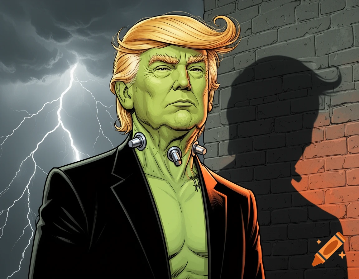 Illustration of Donald Trump as Frankenstein's monster, with green skin, blonde hair, neck bolts, a suit jacket, against a stormy sky and brick wall.