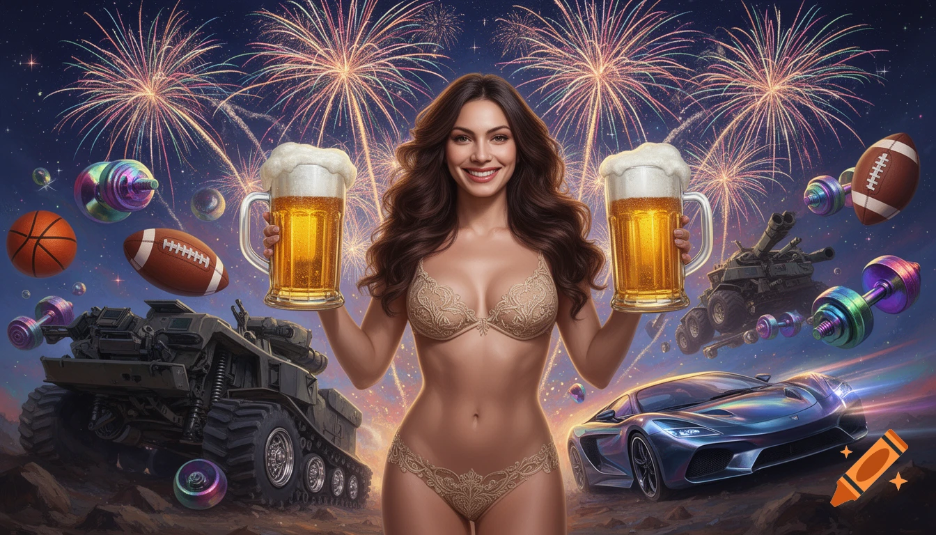 Smiling brunette woman in lingerie holds two mugs of beer, surrounded by fireworks, a monster truck, tank, and sports car.