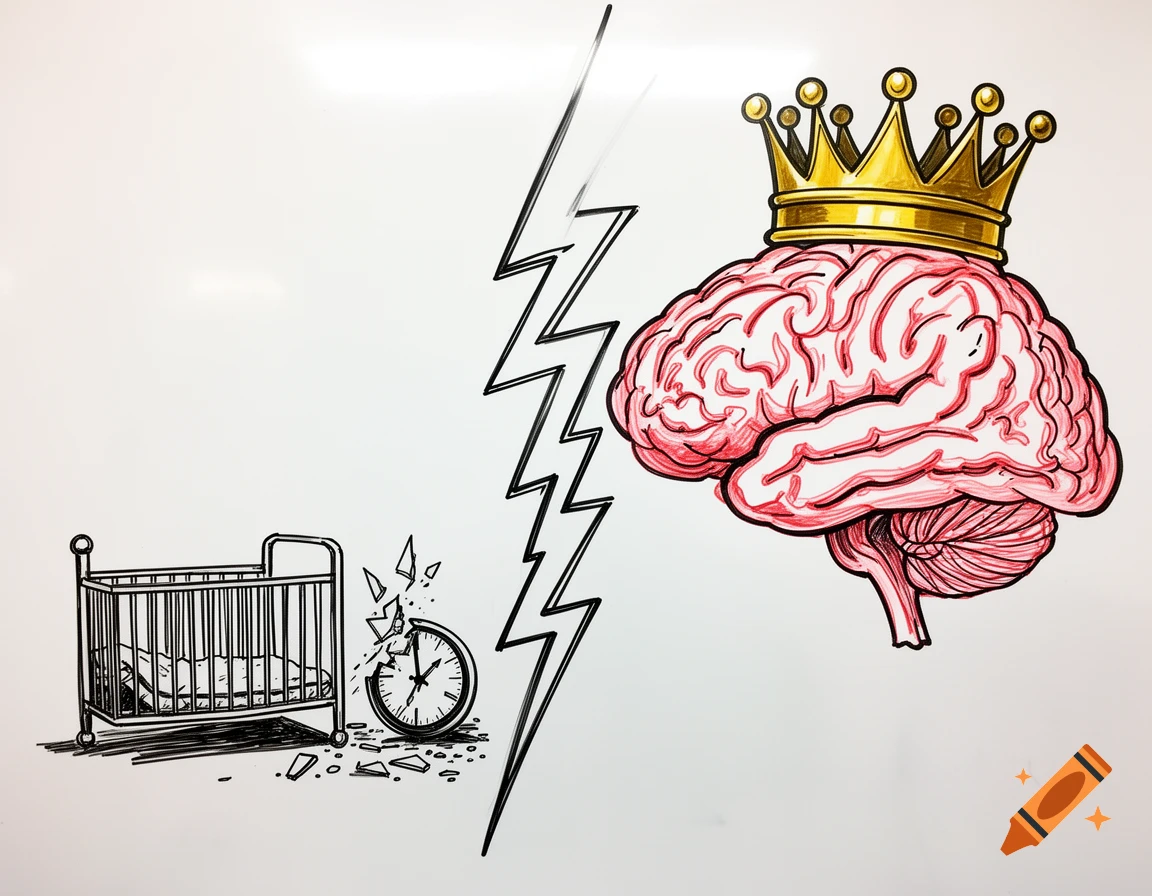 Whiteboard doodle showing a crowned brain, a lightning bolt, a crib, and a broken clock.