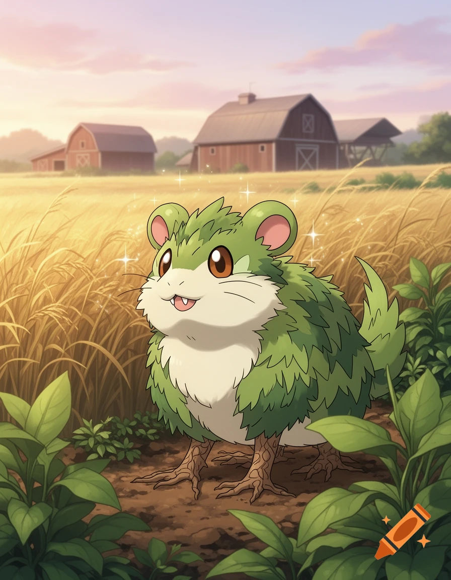 A cute green, hamster-like grass-type Pokemon with root-like legs smiles in a golden wheat field with barns, in an anime style.