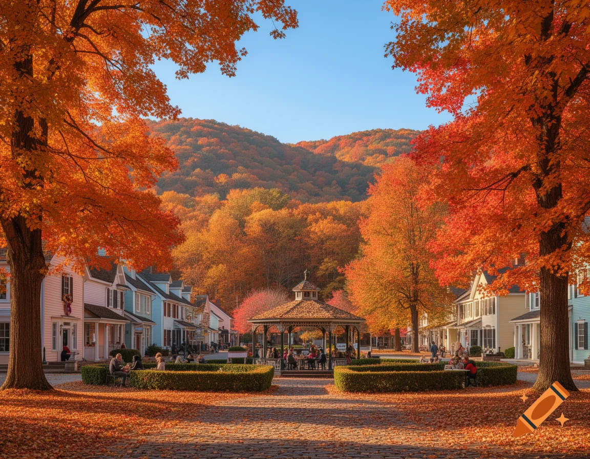 A charming autumn town square with a central gazebo, surrounded by colorful maple trees and historic buildings under a clear blue sky.