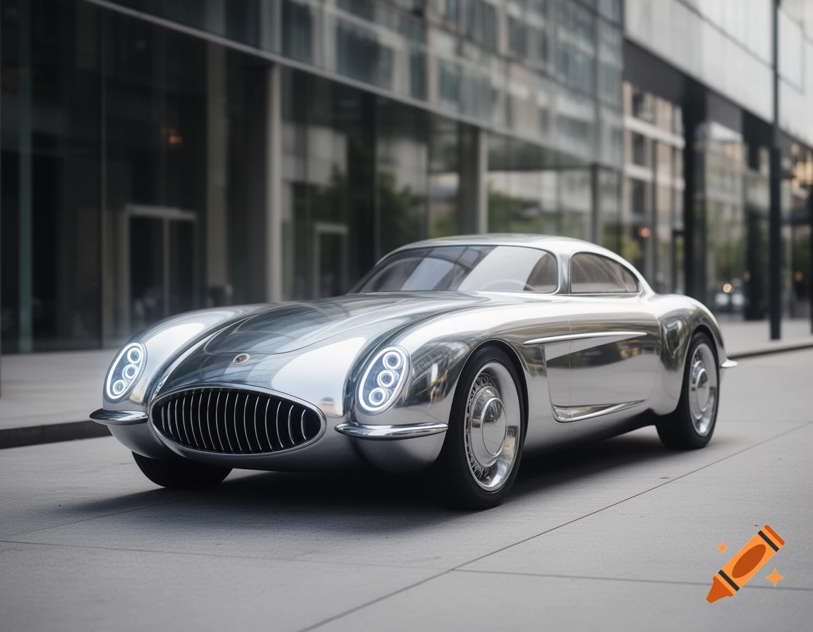 A sleek, chrome-plated neo-retro style car with a distinctive grille and oval headlights parked on a city street in front of a modern glass building.