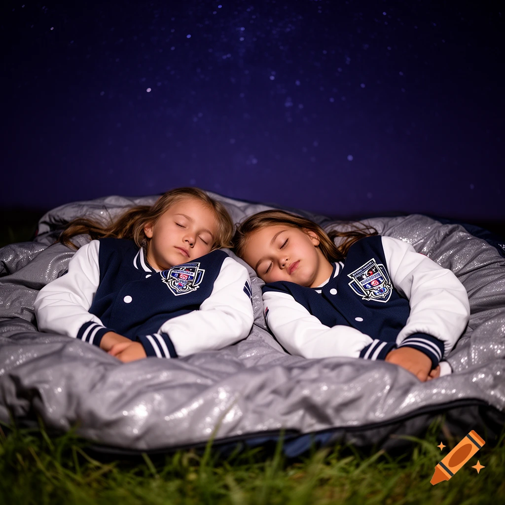 Two young girls sleep soundly side-by-side in dark blue and white baseball jackets and silver sleeping bags under a starry night sky.