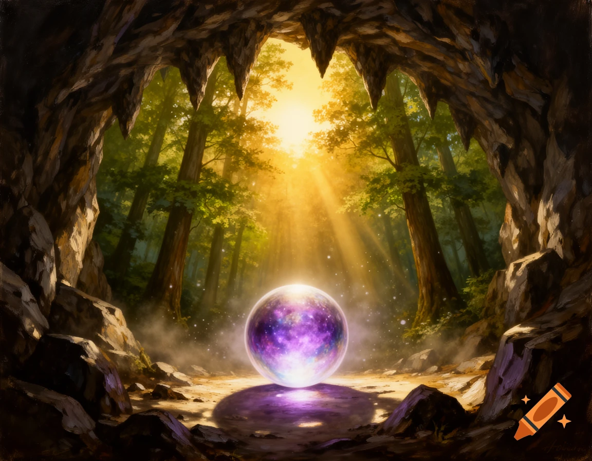 A glowing purple orb rests in a dark cave opening, overlooking a sunlit forest with golden light rays, in a fantasy painting style.