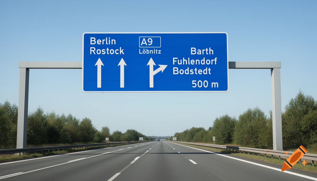 A photorealistic German highway sign on an overhead gantry shows directions for Berlin, Rostock, Löbnitz, Barth, Fuhlendorf, and Bodstedt, with an exit in 500m.