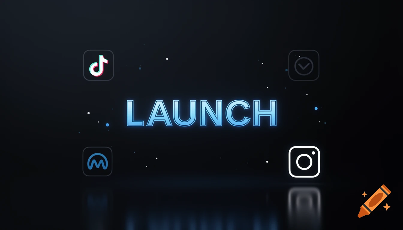 Glowing 'LAUNCH' text on a dark background surrounded by social media icons, in a sleek, modern style.