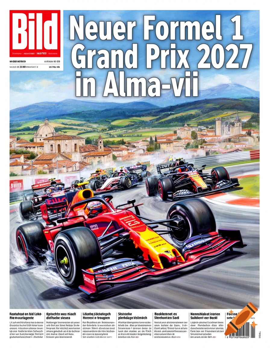 A newspaper front page with the headline 'Neuer Formel 1 Grand Prix 2027 in Alma-vii' above a detailed illustration of Formula 1 cars racing through a picturesque town with hills in the background. The smaller body text at the bottom is illegible.