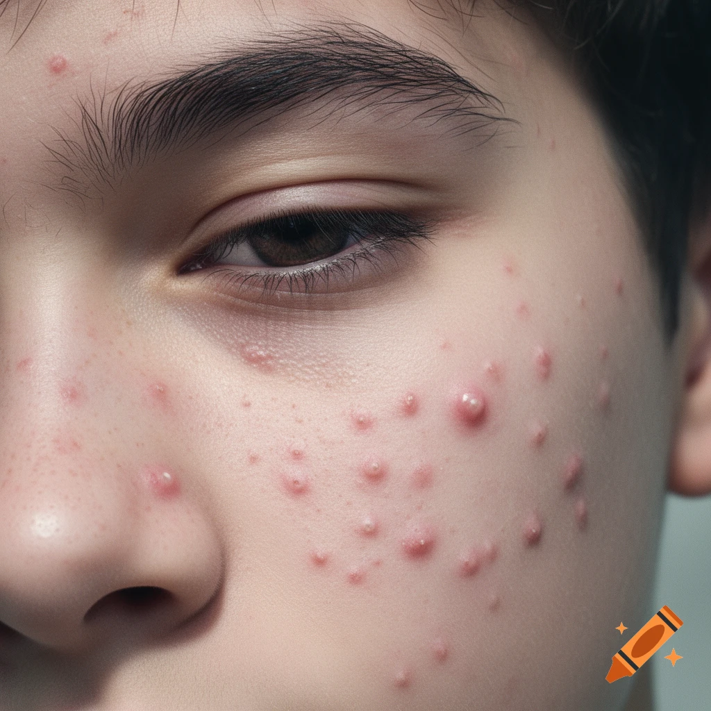Photorealistic close-up of a young person's face with acne, showing detailed skin texture and an eye.