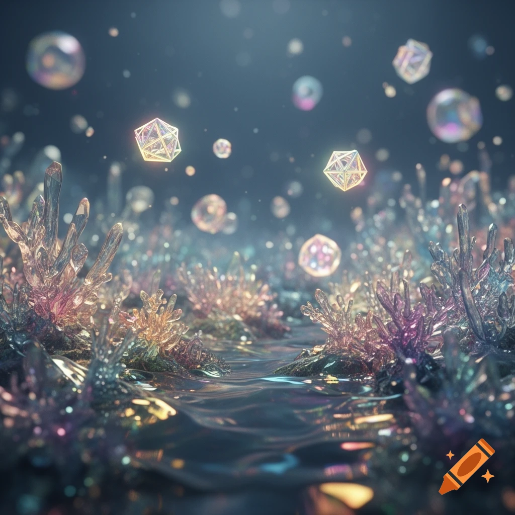 Vibrant, ethereal landscape of glowing iridescent crystals and shimmering geometric shapes amidst a watery, dark environment.