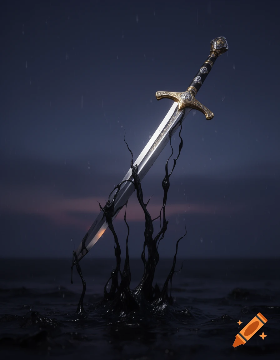 An ornate sword with a gold hilt emerges from black, tendril-like ooze in a dark, rainy scene.