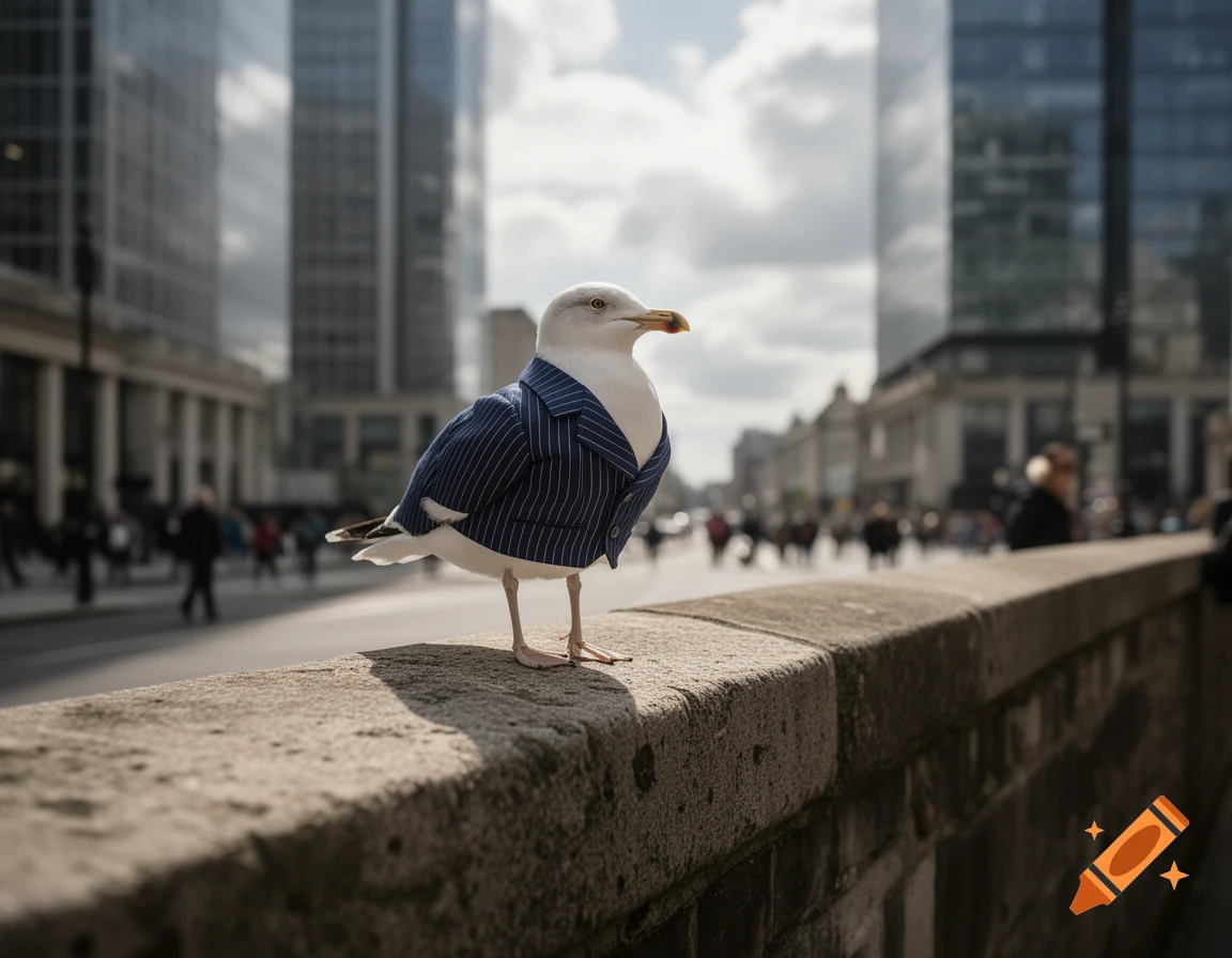 A photorealistic seagull in a blue pinstripe suit stands on a stone wall with a city street and buildings in the background.