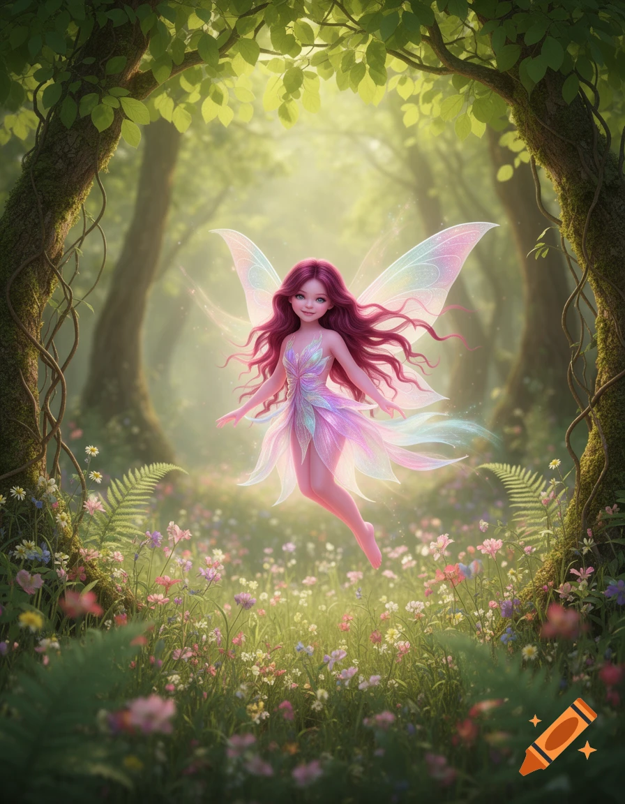 A magical fairy with long pink hair and iridescent wings floats in a sunlit forest clearing filled with wildflowers.