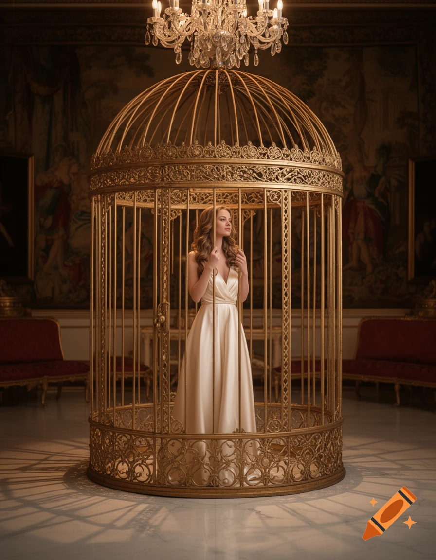 A woman in a cream-colored gown stands inside a large, ornate golden birdcage in a grand, richly decorated room.