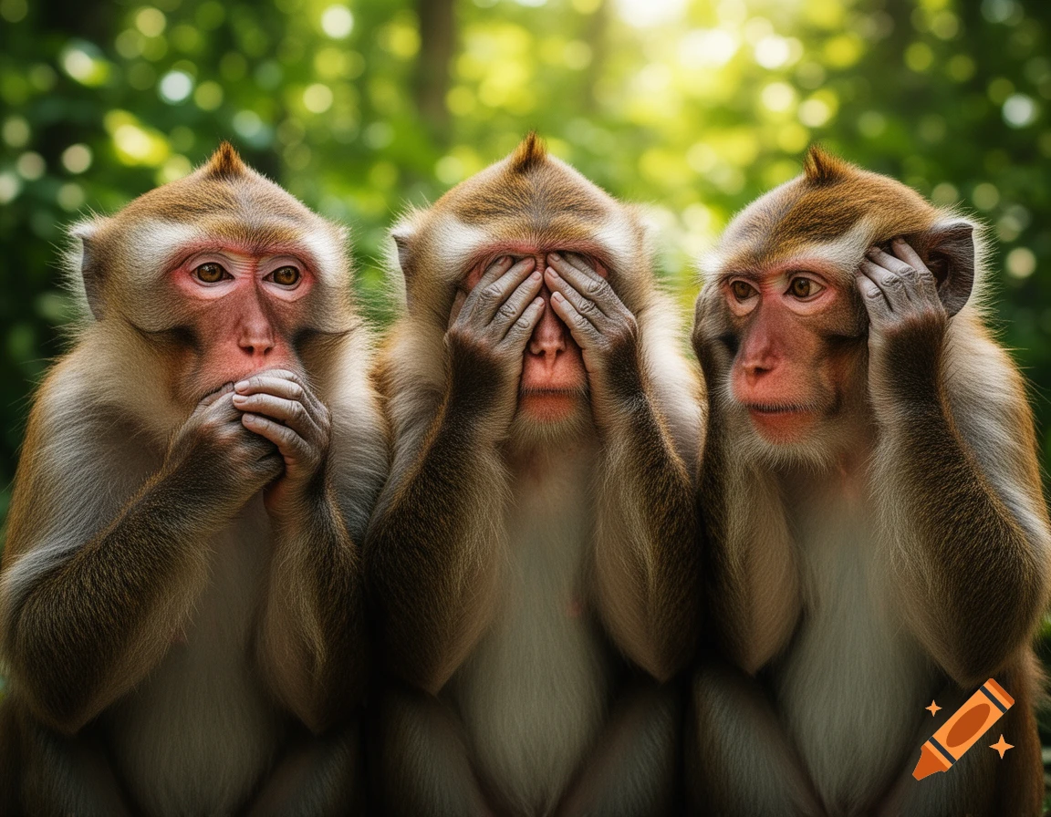 Three macaque monkeys performing 'see no evil, hear no evil, speak no evil' gestures against a blurred green background.
