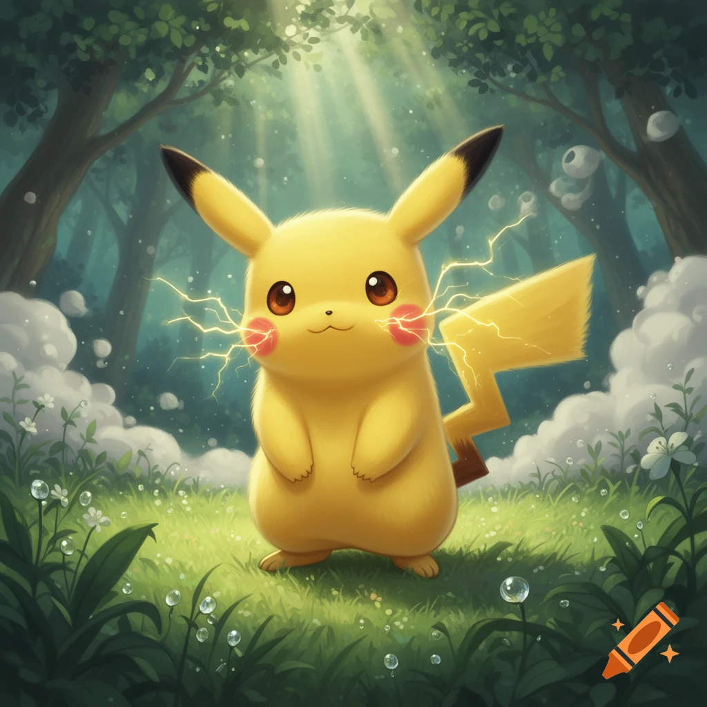 Chubby Pikachu with red cheeks and lightning bolts in a lush, sun-dappled forest clearing, cartoon style.