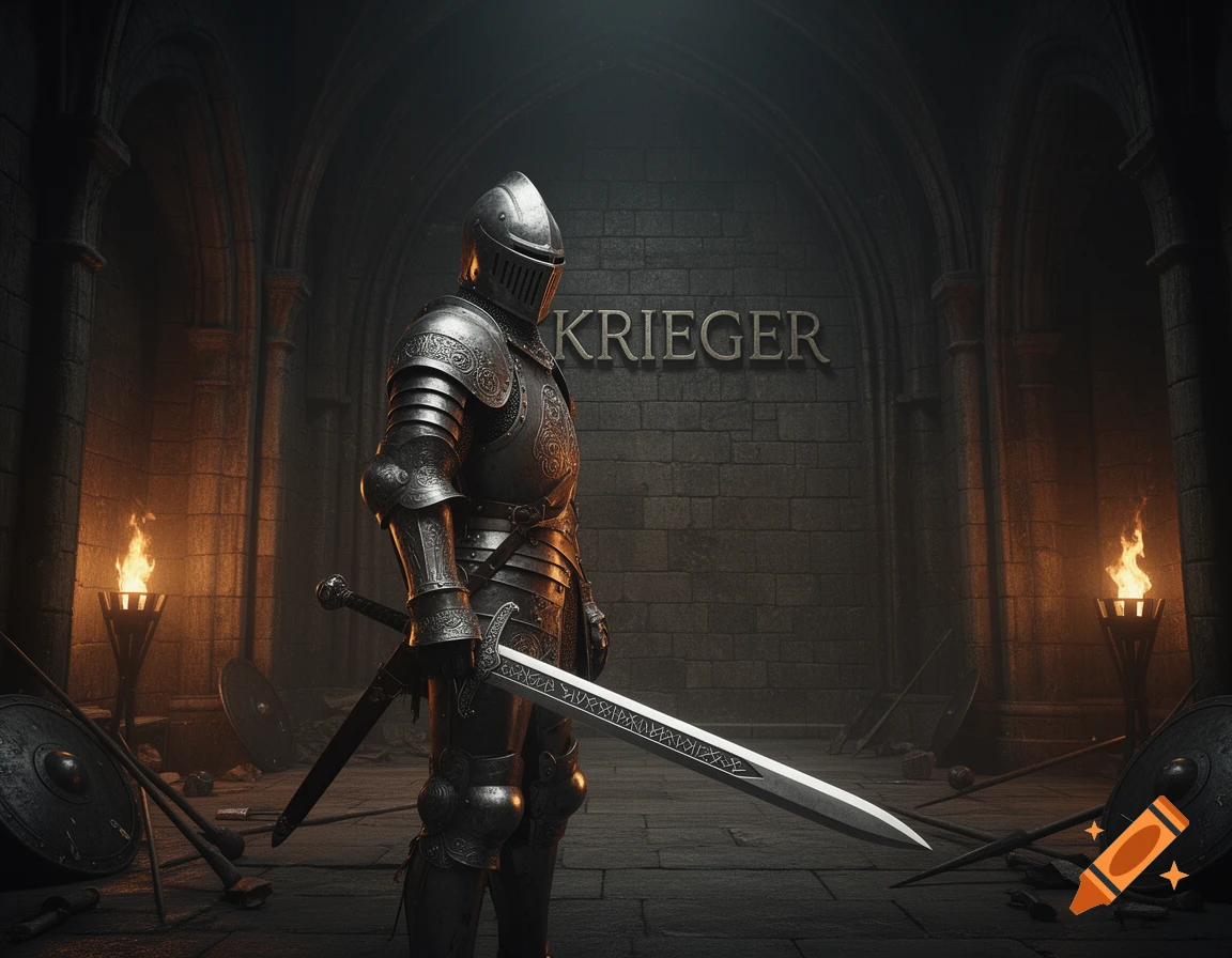 A knight in full intricate armor holds a large sword in a dark stone castle hall with torches and scattered shields, with 'KRIEGER' on the wall.