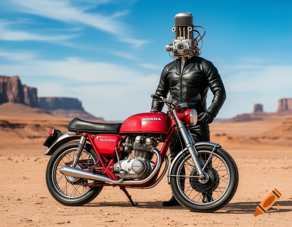 A surreal person with a motorcycle engine for a head stands next to a red vintage Honda motorcycle in a desert landscape.