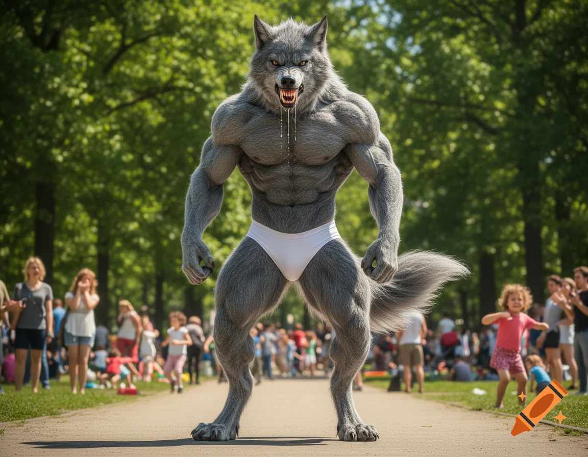 A muscular werewolf in white briefs flexing in a bright park, mouth open and drooling, with blurred people in the background.