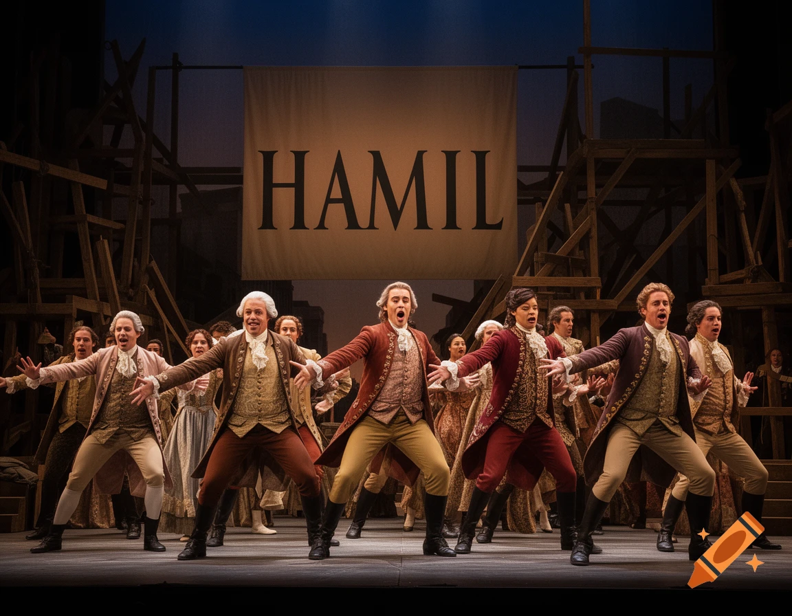 A group of diverse actors in 18th-century costumes perform on a stage with a large banner reading "HAMIL" behind them.
