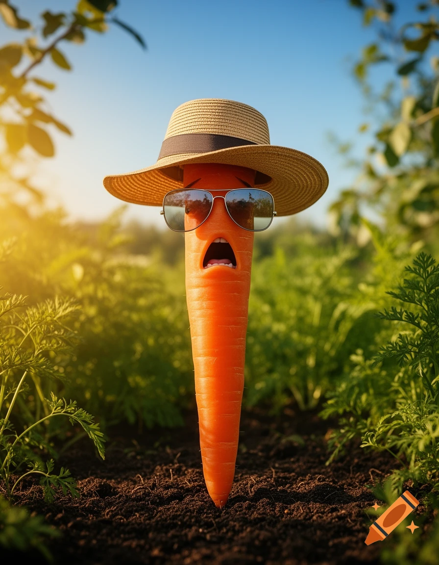 A surprised anthropomorphic carrot wearing a straw hat and sunglasses stands in a sunny garden.