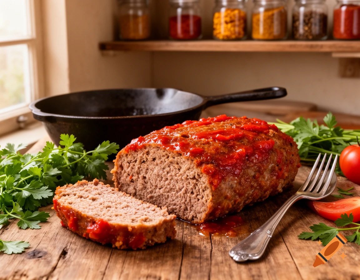 A photorealistic meatloaf with a slice cut out, topped with red sauce, on a rustic wooden table with parsley and a fork.