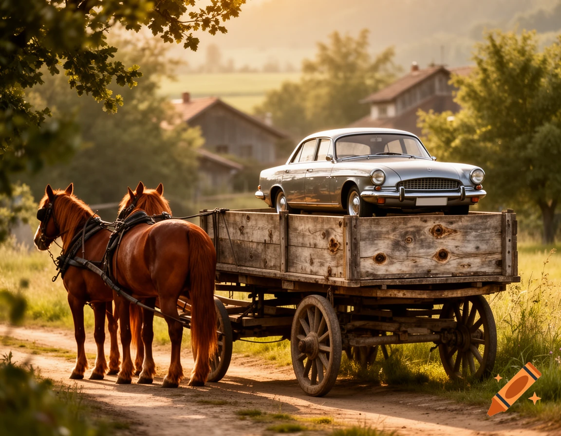 Two brown horses pull a rustic wooden cart carrying a silver vintage car down a dirt road in a sunny rural landscape.