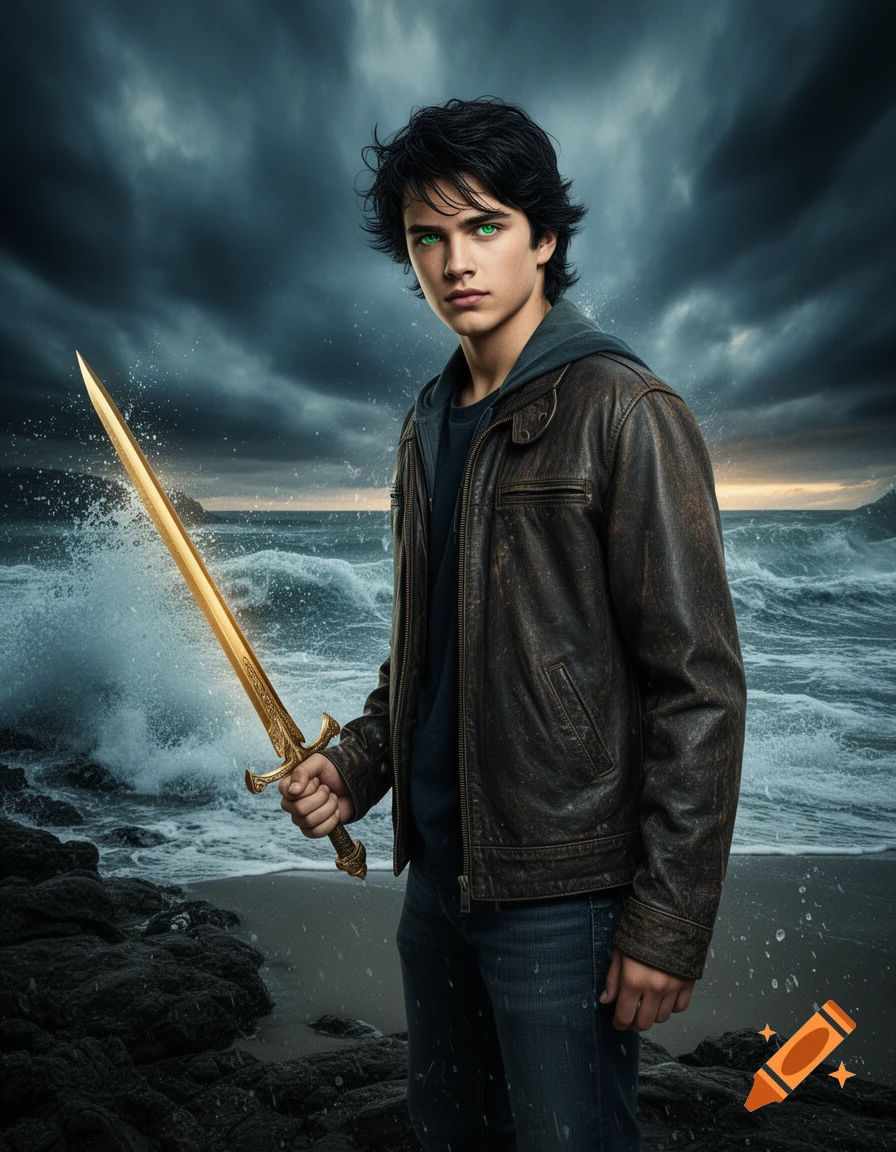 A young man with dark hair and green eyes, resembling Percy Jackson, holds a glowing golden sword on a stormy ocean beach.