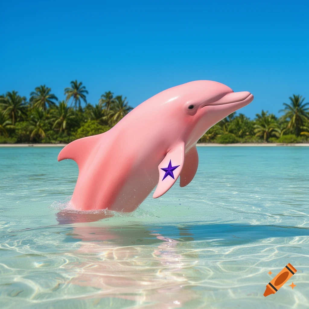 A vibrant pink dolphin with a purple star near its fin leaps from clear blue tropical water, palm trees line the distant shore.
